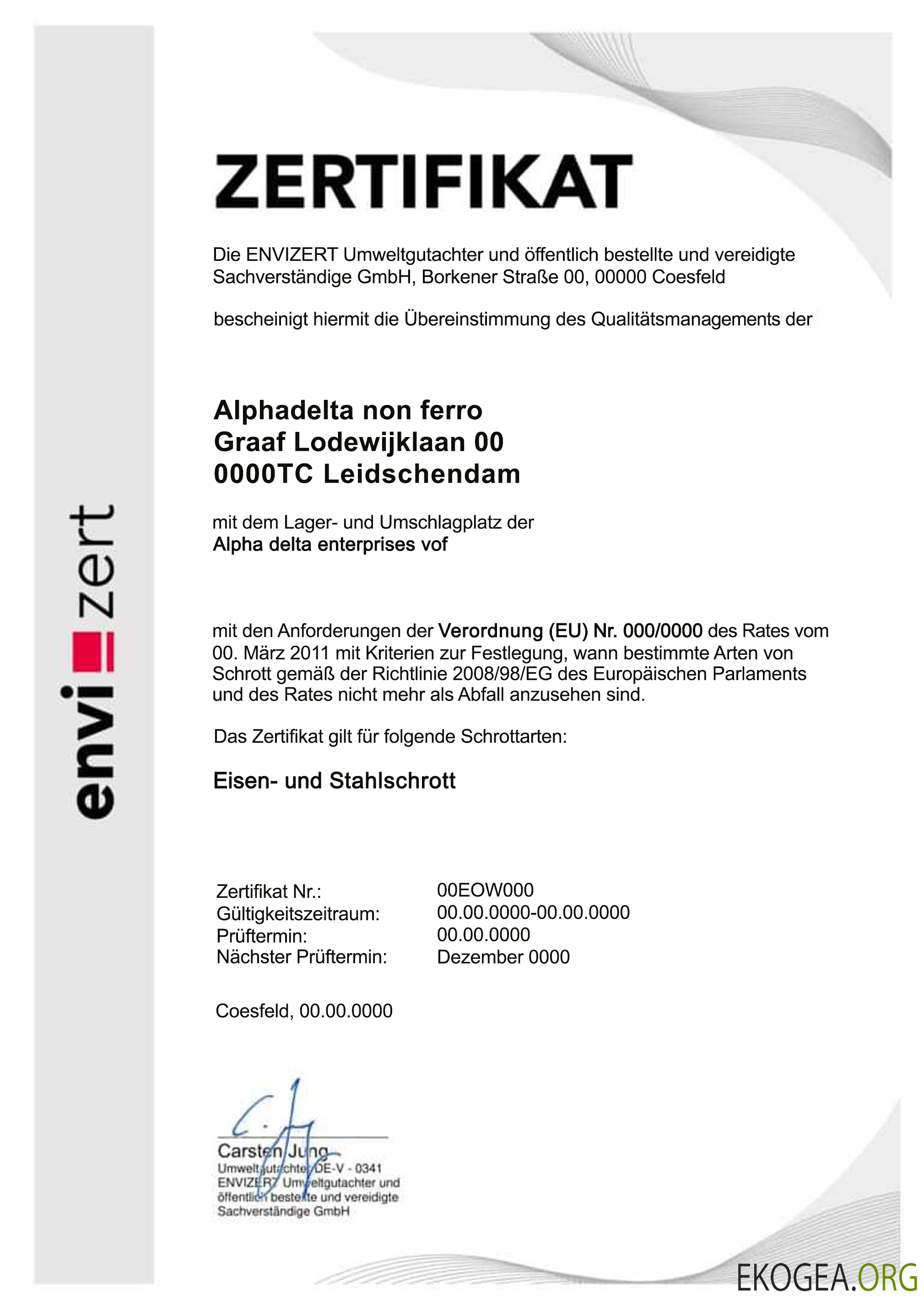 Allemagne Envizert GmbH zertifikat certificat template Allemagne Envizert GmbH zertifikat certificat template
